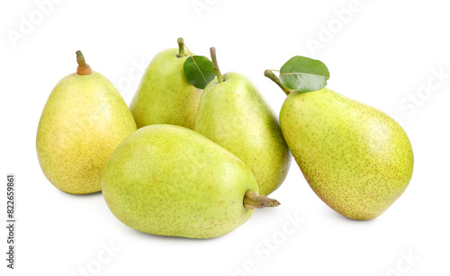 Many ripe pears with leaves on white background
