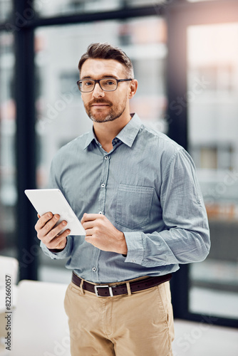 Portrait, finance and man with tablet, business and broker with stock market and investment with trading. Businessman, internet and consultant with technology and app with economy and online news photo