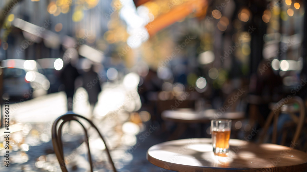 Empty parisian cafe table. A blurred photo of an empty Parisian cafe table with a drink on a sunny day. Empty parisian cafe table. A blurred photo of an empty Parisian cafe table with a drink on a sunny day.
