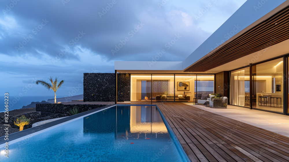Fototapeta premium Contemporary Villa, Sunset Serenity with Wooden Terrace & Pool
