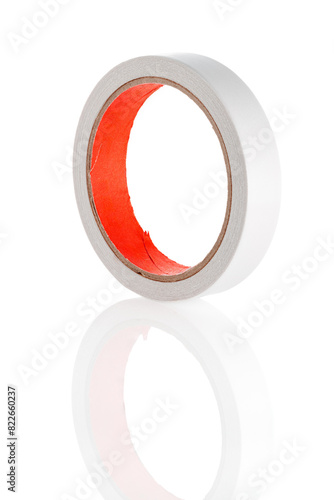 Double sided adhesive foam tape isolated on white background. Close-up. Full depth of field.