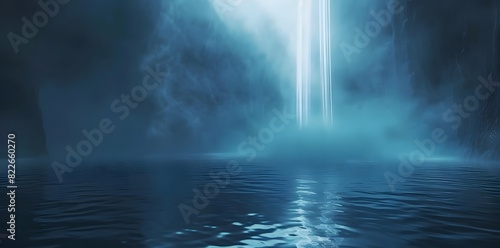 Abstract Fog and Light Rays on Dark Blue Water with Misty Waterfall