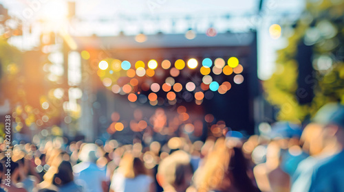 Blurred concert crowd with bright lights. Abstract blurred photo of crowd enjoying outdoor concert, illuminated stage, festival atmosphere photo