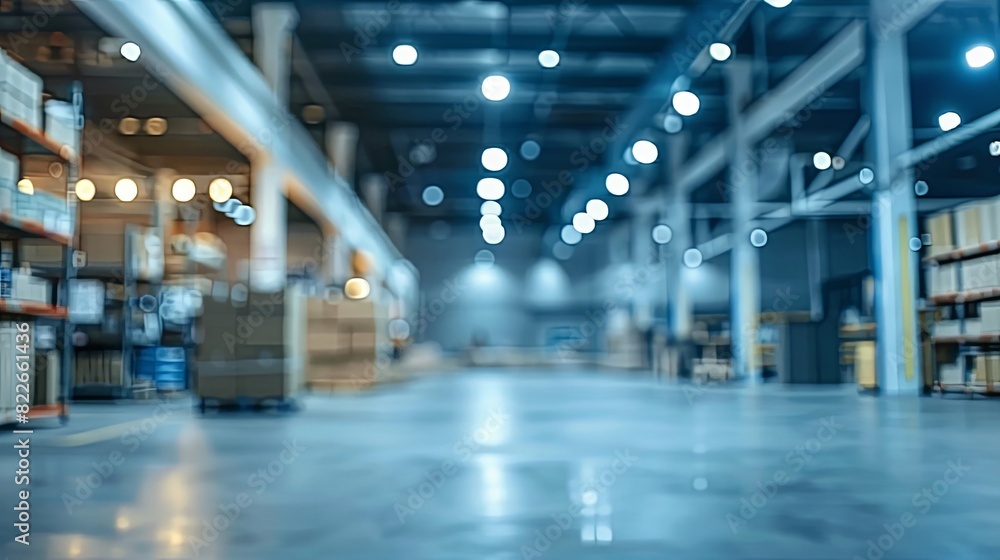 Fototapeta premium Blurred Concrete Supply Store Background, Steel Blue defocused business interior, Minimalist concept