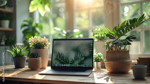 Laptop on a wooden desk with potted plants in front of a window with natural sunlight.