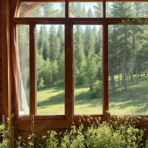 window to the outside where you can see a meadow with green grass and snow-capped mountains