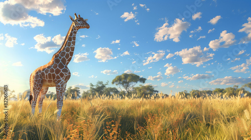 A giraffe standing in the savannah, surrounded by tall grass and acacia trees under a clear blue sky with fluffy white clouds, banner with copy space. © Mariia