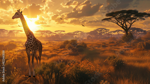 Giraffe standing tall in the African savannah with acacia trees and golden grass under a setting sun, banner with copy space, game art fantasy style. photo