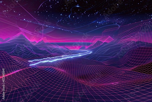 Synthwave landscape with neon grid and starry night sky in retro futuristic style