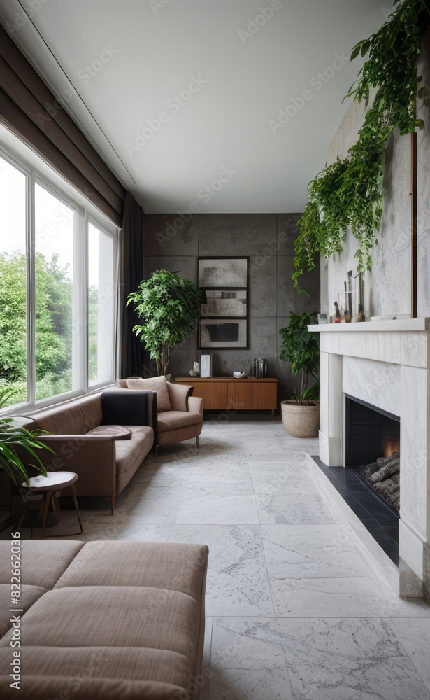 Naklejka premium gray and marble luxury living room interior with sleek furniture and a vertical garden
