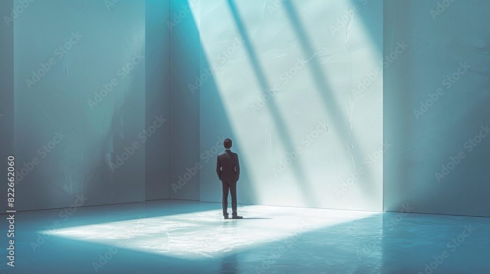 Fototapeta premium Detailed 3D business crisis scene, anime style, cool emotion, smooth white gradient background, minimalism, studio light, copy space