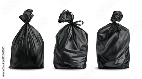 Black plastic trash bags tied for recycling isolated on white background 