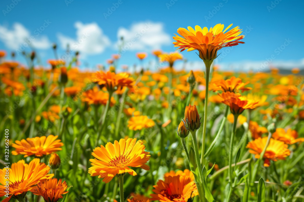 vibrant marigold flowers under a clear blue sky with delicate details and natural beauty