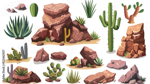 Complex set of desert landscape elements - rocks, cacti and flora	
