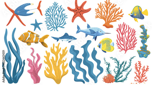 Vivid illustration of marine life: colorful fish, coral reefs and starfish in an underwater scene	
