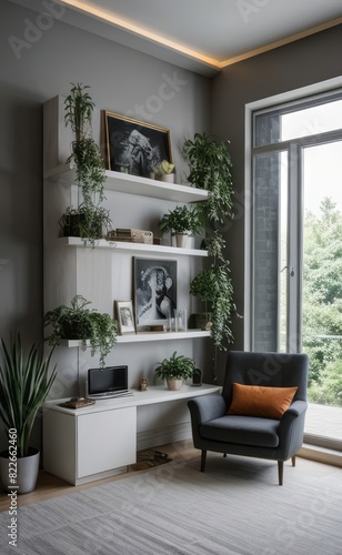 gray and marble luxury living room interior with sleek furniture and a vertical garden © Rezhwan
