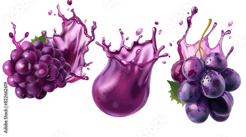 Dynamic purple grapes and juice splash on white background	
