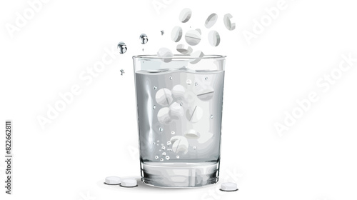 Effervescent tablets activated in water with dynamic fizz and bubbles isolated on white background