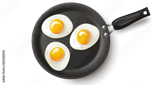 eggs sunny side up on black non-stick frying pan isolated on white	
