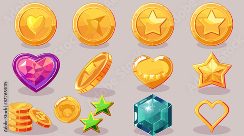 Collection of virtual gaming resources: gold coins, precious hearts, stars for game designers	
