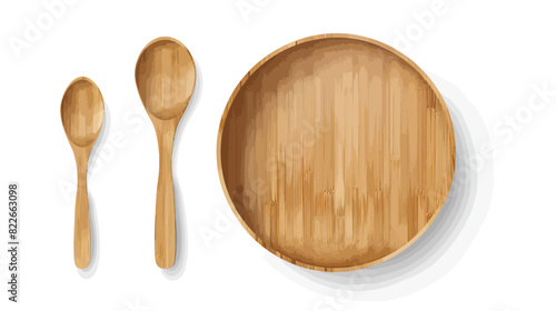Eco-friendly bamboo kitchen set on white: plate, cutlery	
 photo