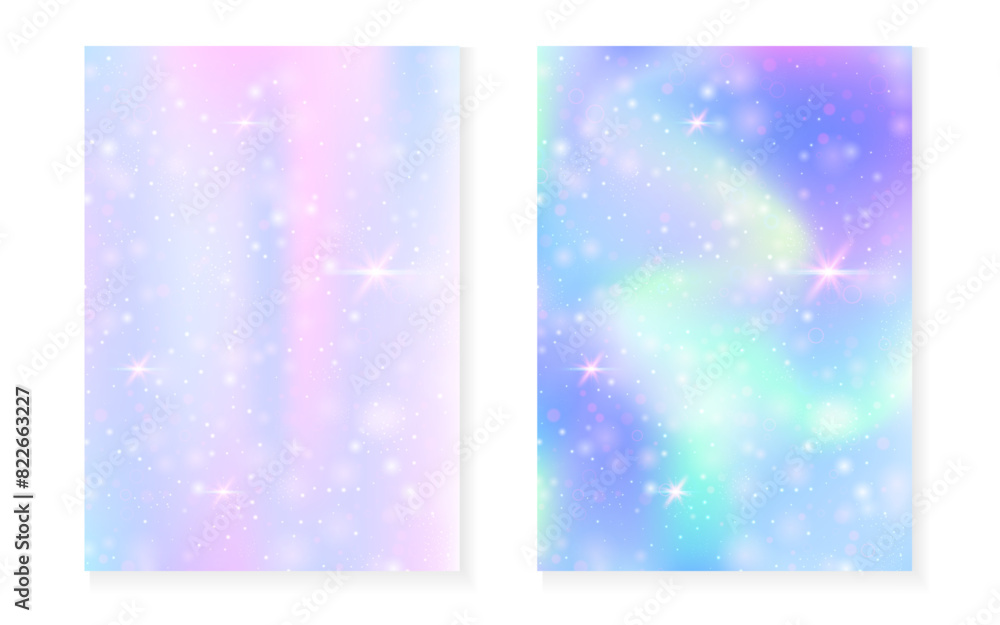 Kawaii background with rainbow princess gradient. Magic unicorn hologram. Holographic fairy set. Mystical fantasy cover. Kawaii background with sparkles and stars for cute girl party invitation. Kawaii background with rainbow princess gradient. Magic unicorn hologram. Holographic fairy set. Mystical fantasy cover. Kawaii background with sparkles and stars for cute girl party invitation.
