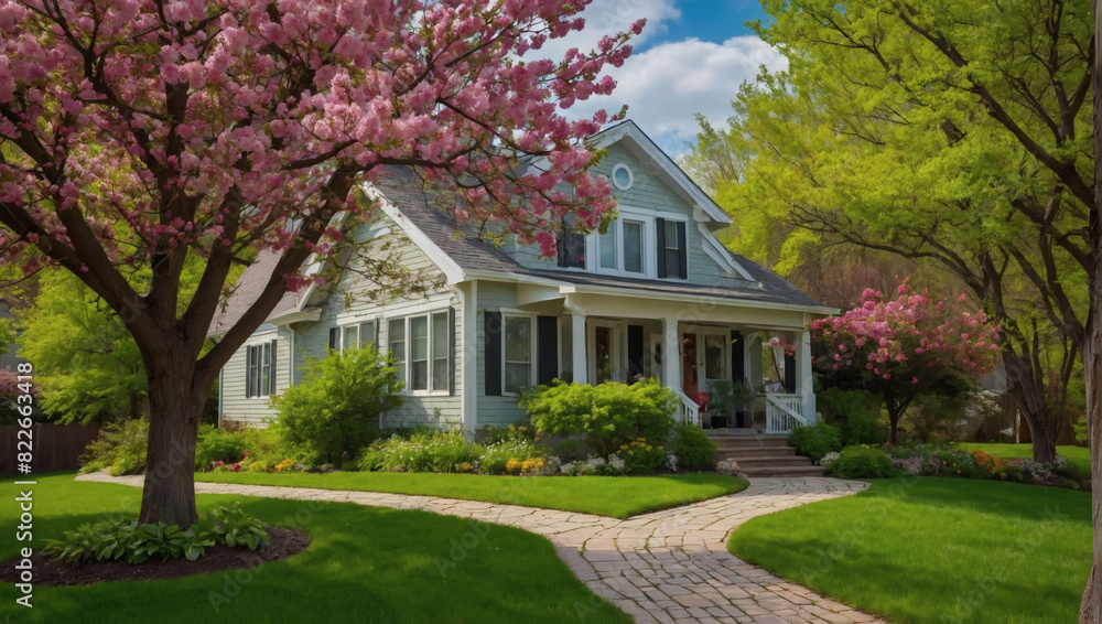 Well-kept home with lush spring foliage, green grass, blooming trees, and vibrant flowers. Well-kept home with lush spring foliage, green grass, blooming trees, and vibrant flowers.