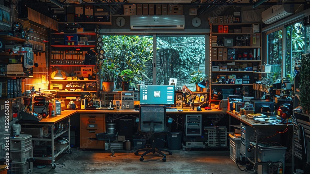 Well-lit garage workshop with tools and equipment. Well-lit garage workshop with tools and equipment.