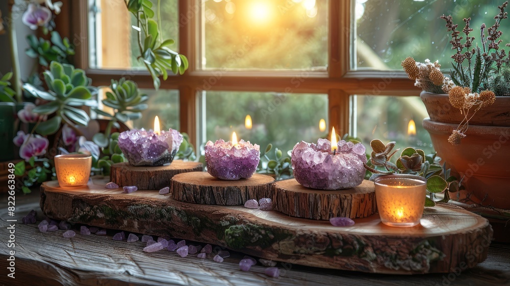 Feng Shui nature theme altar at home table and on window sill. Feng Shui nature theme altar at home table and on window sill.