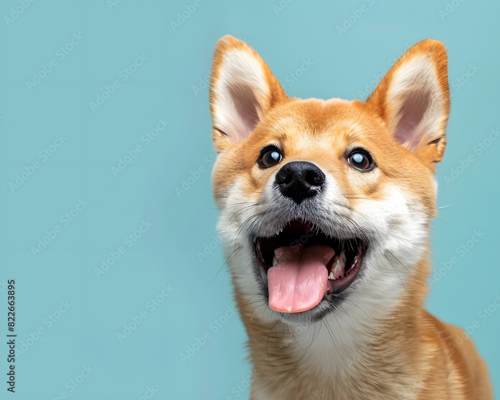 Happy dog looks funny Looking up at the sky with tongue out and mouth open on a light blue background. There is copy space. You can add interesting messages to attract the attention of pet lovers. Happy dog looks funny Looking up at the sky with tongue out and mouth open on a light blue background. There is copy space. You can add interesting messages to attract the attention of pet lovers.