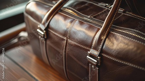 Leather travel bag on wooden table. Close-up of brown leather travel bag with buckles and zippers on wooden table, perfect for travel and lifestyle projects. photo