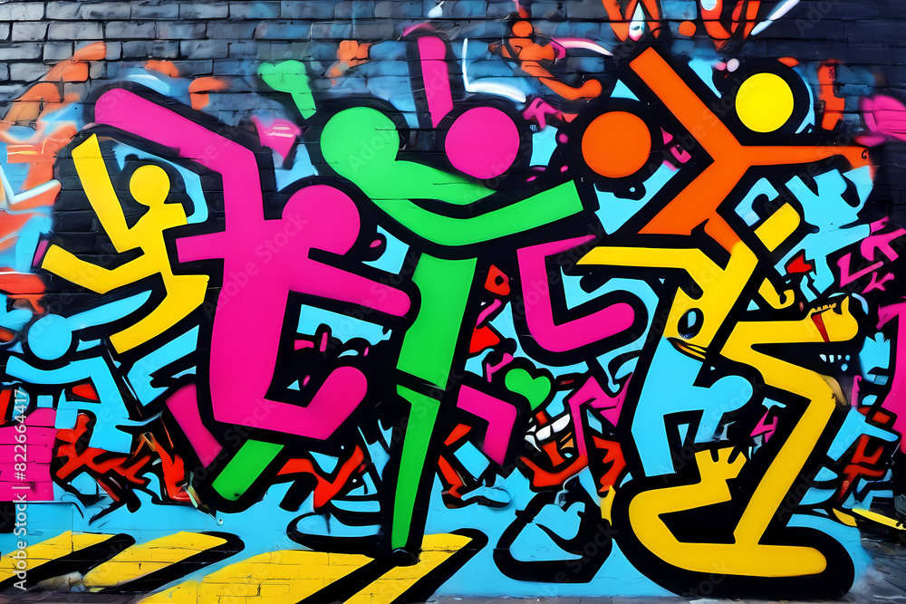 Description: A vibrant and crazy illustration showcases a graffiti wall adorned with colorful abstract dancing figures, exuding an energetic and lively atmosphere of urban expression. Description: A vibrant and crazy illustration showcases a graffiti wall adorned with colorful abstract dancing figures, exuding an energetic and lively atmosphere of urban expression.