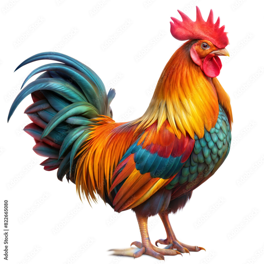 A colorful rooster stands on a transparent background A colorful rooster stands on a transparent background