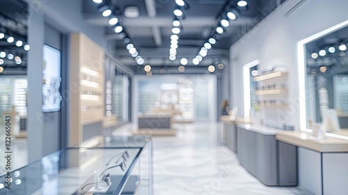 Blurred Optical Store Background, Cool Gray defocused business interior, modern concept © atipong