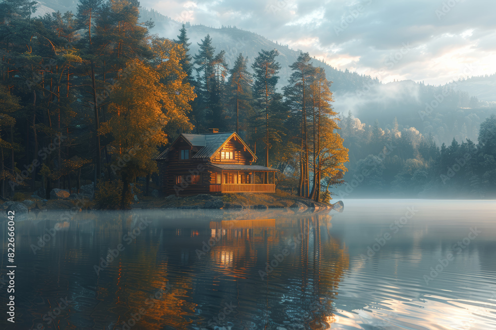 Obraz premium A serene lakeside cabin nestled among towering pine trees, its reflection mirrored in the glassy surface of the water. Concept of retreat and reflection. Generative Ai.