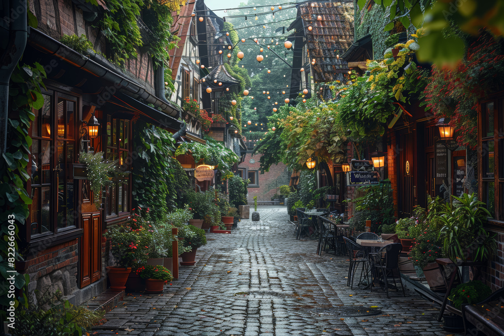 Fototapeta premium A charming cobblestone street lined with quaint shops and cafes, the sound of laughter and music spilling out into the narrow thoroughfare. Concept of timeless charm and hospitality. Generative Ai.