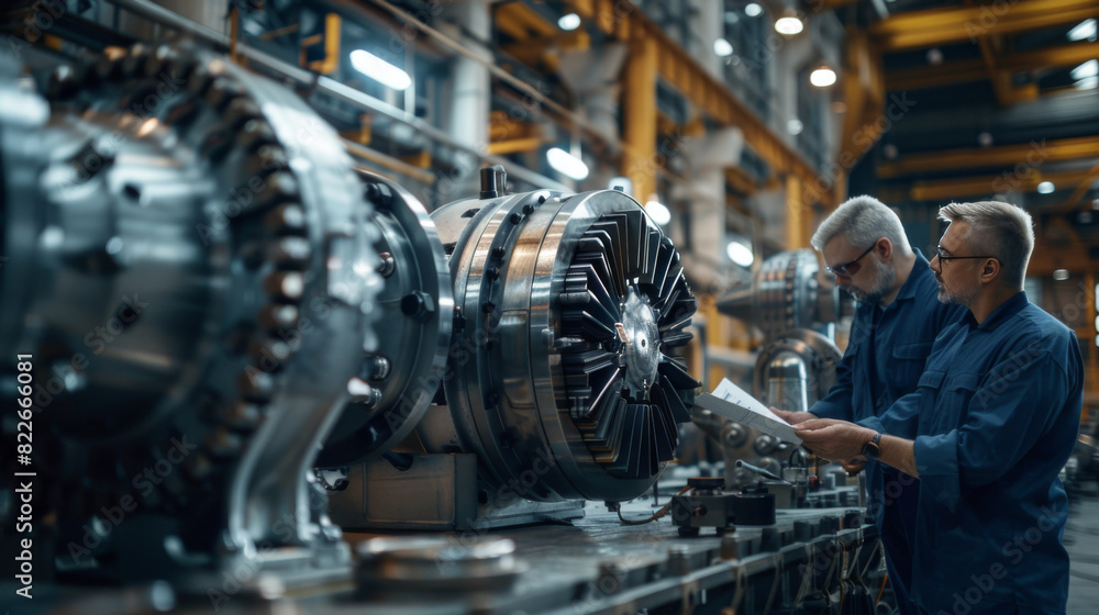 Fototapeta premium Two technicians examining turbine components in an industrial manufacturing plant.
