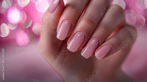 A hand with long pink nails with a pink background