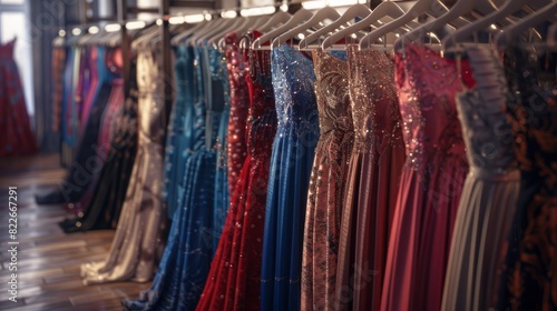 A rack of dresses with a variety of colors and styles