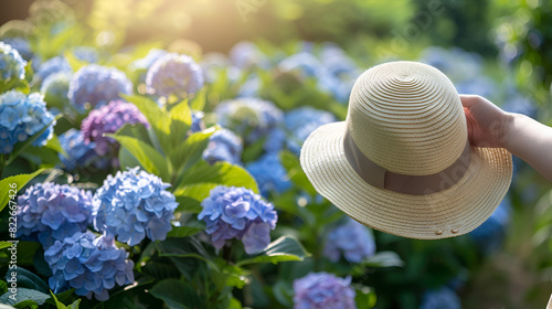 Girl is holding a straw hat in a hand in front of Hydrangea bushes (Hydrangea macrophylla). Countryside life style, gardening. photo