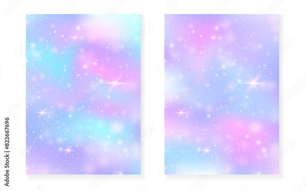 Princess background with kawaii rainbow gradient. Magic unicorn hologram. Holographic fairy set. Spectrum fantasy cover. Princess background with sparkles and stars for cute girl party invitation.