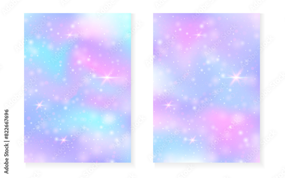 Princess background with kawaii rainbow gradient. Magic unicorn hologram. Holographic fairy set. Spectrum fantasy cover. Princess background with sparkles and stars for cute girl party invitation. Princess background with kawaii rainbow gradient. Magic unicorn hologram. Holographic fairy set. Spectrum fantasy cover. Princess background with sparkles and stars for cute girl party invitation.