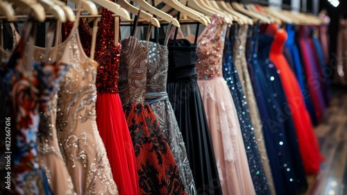 A rack of dresses with a variety of colors and styles
