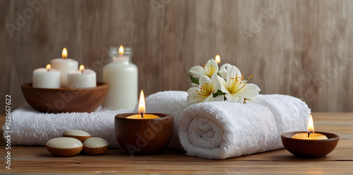 Spa setting with candles , towels and flowers