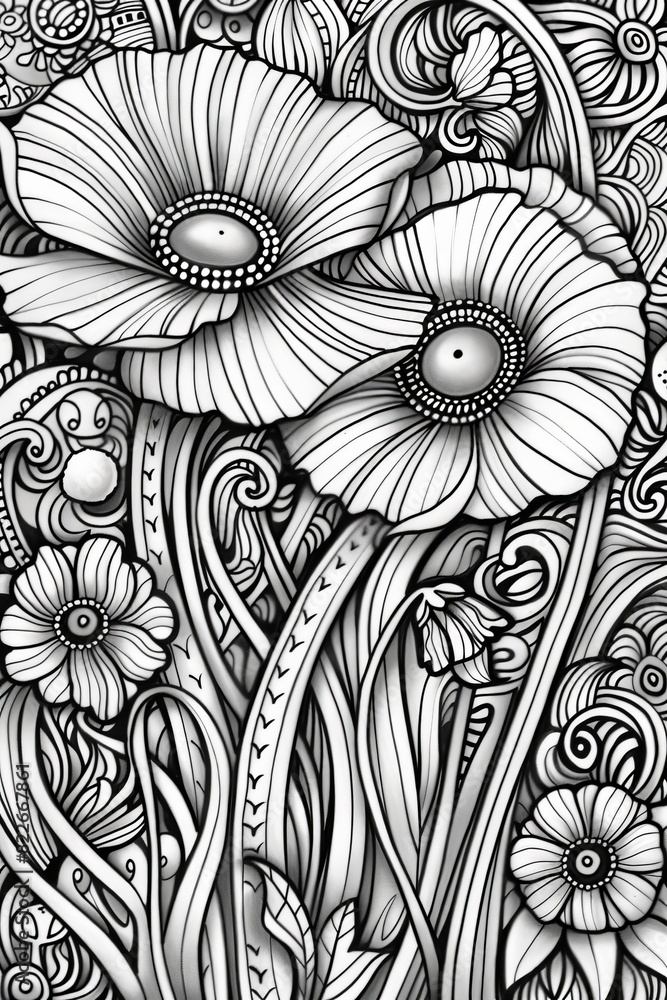Flower coloring page with bold black and white shading for relaxation, adults, kids Stock ...