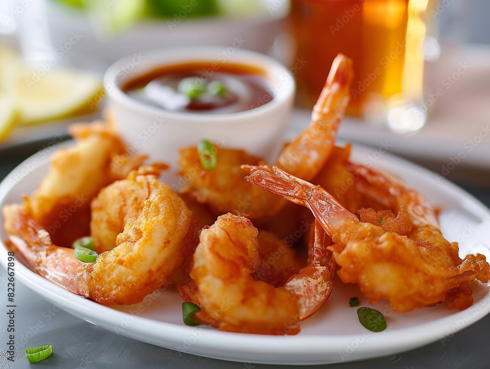 delicious looking deep fried shrimp with a dipping sauce delicious looking deep fried shrimp with a dipping sauce