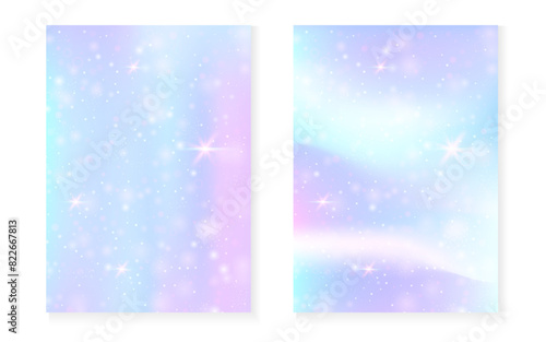 Princess background with kawaii rainbow gradient. Magic unicorn hologram. Holographic fairy set. Mystical fantasy cover. Princess background with sparkles and stars for cute girl party invitation.