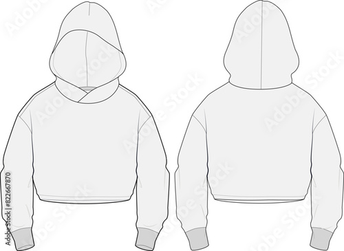 Cropped Hooded Sweatshirt Technical Fashion Illustration Mock-up Template for Design and Tech Packs