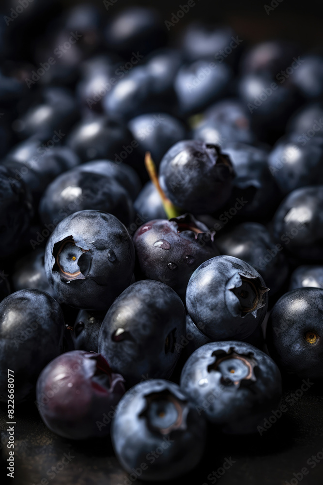 Fresh blueberries vertical background with copy space. Organic farm food, vegetarian, fresh market, healthy products. Macro, close up.