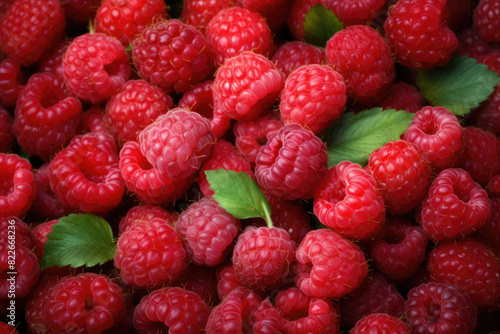 Red raspberries with green leaves background with copy space. Organic farm food, vegetarian, fresh market, healthy products. Macro, top view.